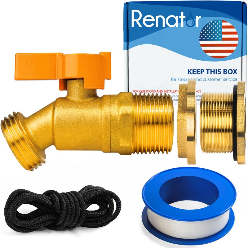 Renator P72-02330G Brass Spigot for Rain Barrel. Lead-Free Compliant  3/4"" Quarter Turn Ball Valve w/Bulkhead Fitting  Thread Tape  and polyester wire - Image 1